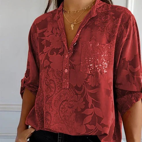 "Blouse femme manches longues florale, légère pour l'été, élégance décontractée, motif floral captivant."
