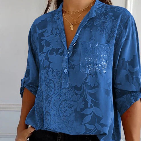 "Blouse femme manches longues florale, légère pour l'été, élégance décontractée, motif floral captivant."