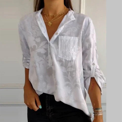"Blouse femme manches longues florale, légère pour l'été, élégance décontractée, motif floral captivant."