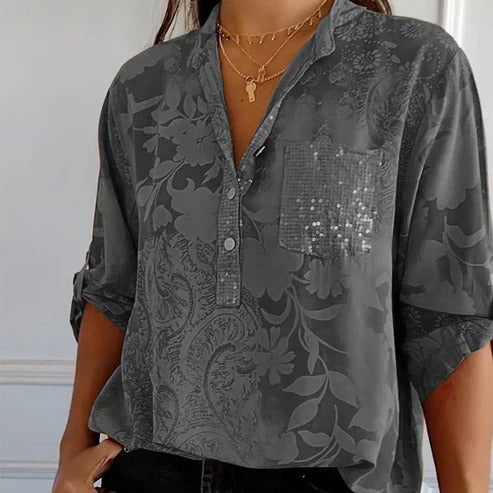 "Blouse femme manches longues florale, légère pour l'été, élégance décontractée, motif floral captivant."