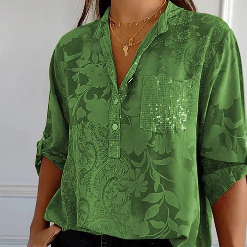 "Blouse femme manches longues florale, légère pour l'été, élégance décontractée, motif floral captivant."