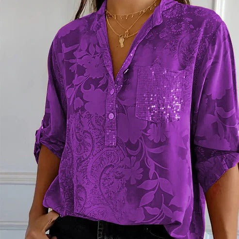 "Blouse femme manches longues florale, légère pour l'été, élégance décontractée, motif floral captivant."