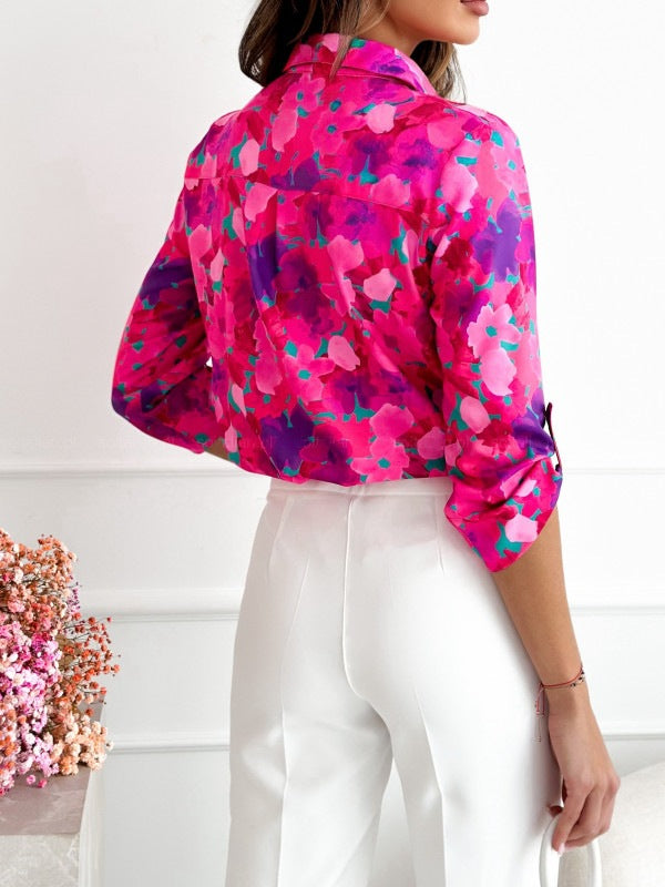 Élégante blouse femme à motif abstrait, rose rouge, manches longues. Parfaite pour un look mode féminine au quotidien.