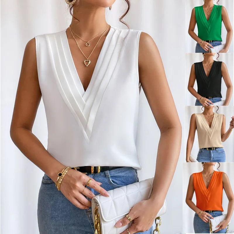 Blouse femme sans manches élégante, parfaite pour un look chic et raffiné au bureau ou en soirée.