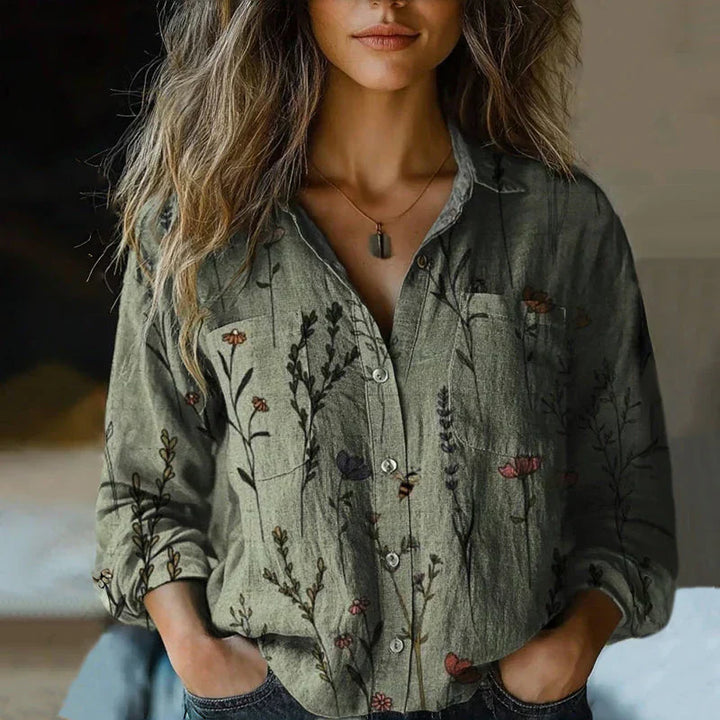 Blouse femme vintage chic à imprimé ethnique et manches longues, parfaite pour printemps ou automne. Style bohème.