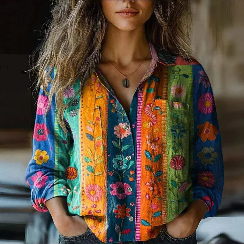 Blouse à manches longues femme, imprimé ethnique vintage. Chemise décontractée bohème, top pour mode printemps-automne.