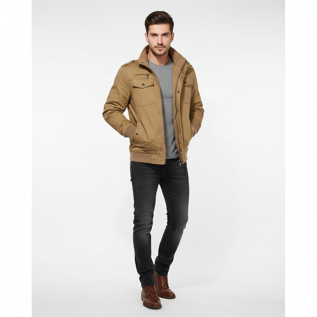 Blouson aviateur Aiden homme noir, style urbain décontracté. Veste chaude d'hiver/automne avec col montant.