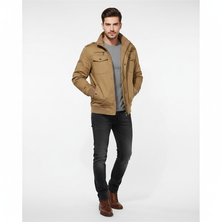Blouson aviateur Aiden homme noir, style urbain décontracté. Veste chaude d'hiver/automne avec col montant.