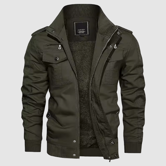 Blouson homme Aiden vert, veste aviateur casual urbaine. Parfait pour automne/hiver, avec col montant stylé.