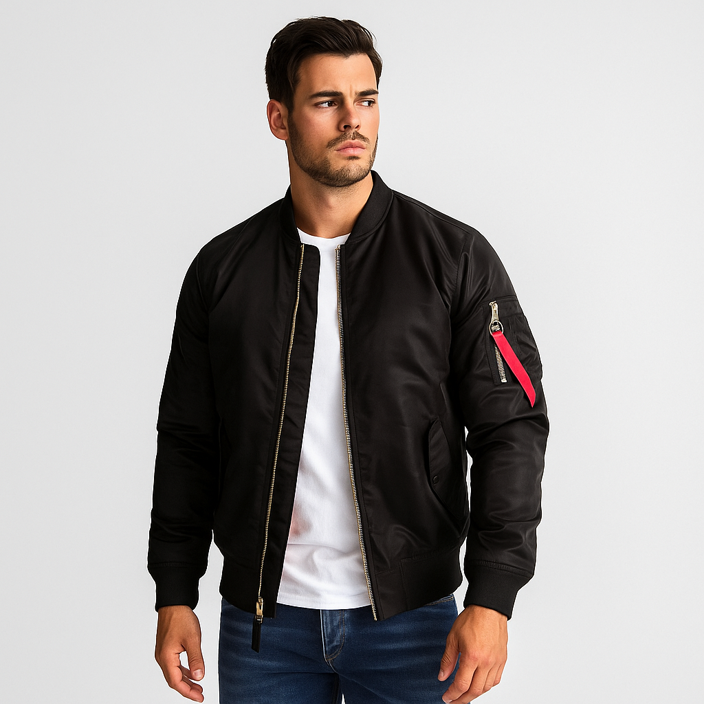 Blouson bombardier homme élégant, style urbain moderne pour automne-hiver, avec fermeture éclair.