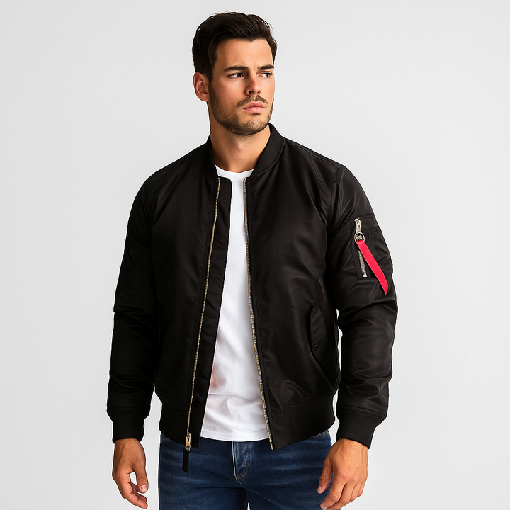 Blouson bombardier homme élégant, style urbain moderne pour automne-hiver, avec fermeture éclair.