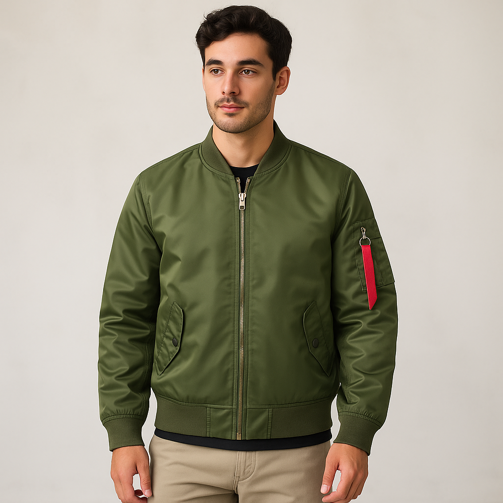 Blouson bombardier homme moderne, avec fermeture éclair, pour un style urbain élégant en automne et hiver.