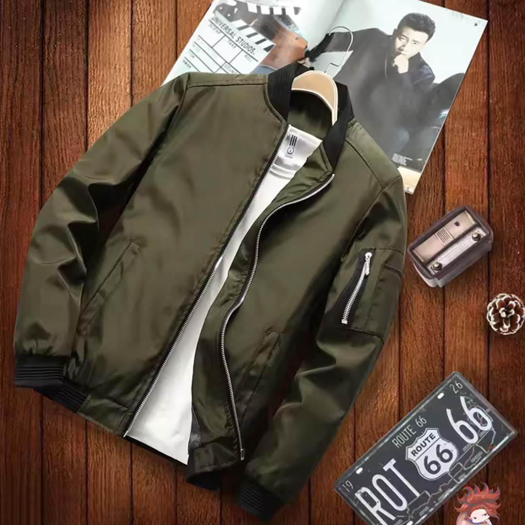 "Blouson bomber homme multi-poches urbain, coupe-vent, élégant, couleur foncée, style décontracté et chic."