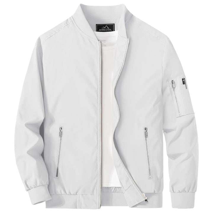 "Blouson bomber léger homme printemps, coupe moderne, fermeture éclair visible, idéal pour brises printanières."