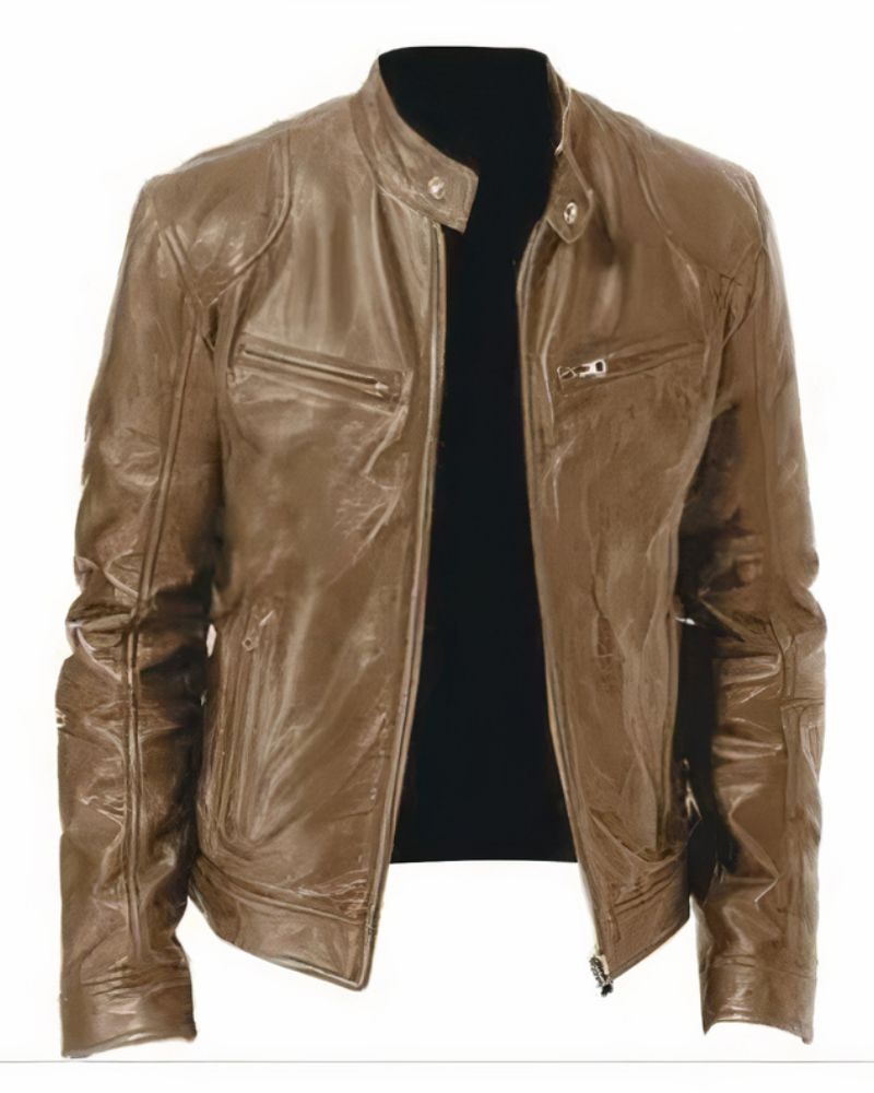 Blouson de moto en cuir noir pour homme avec design épuré, idéal pour protection et style lors de la conduite.