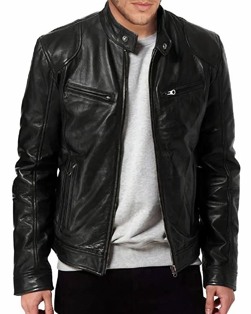 Blouson de moto en cuir noir pour homme avec design épuré, idéal pour protection et style lors de la conduite.