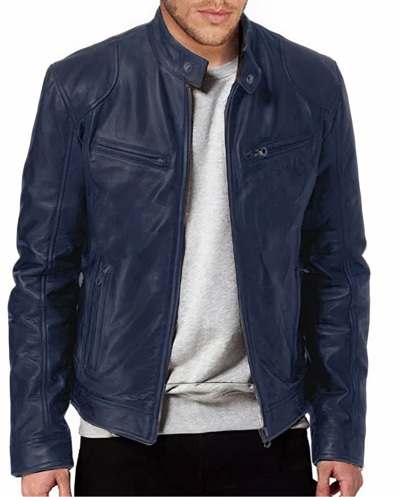 Blouson de moto en cuir noir pour homme avec design épuré, idéal pour protection et style lors de la conduite.