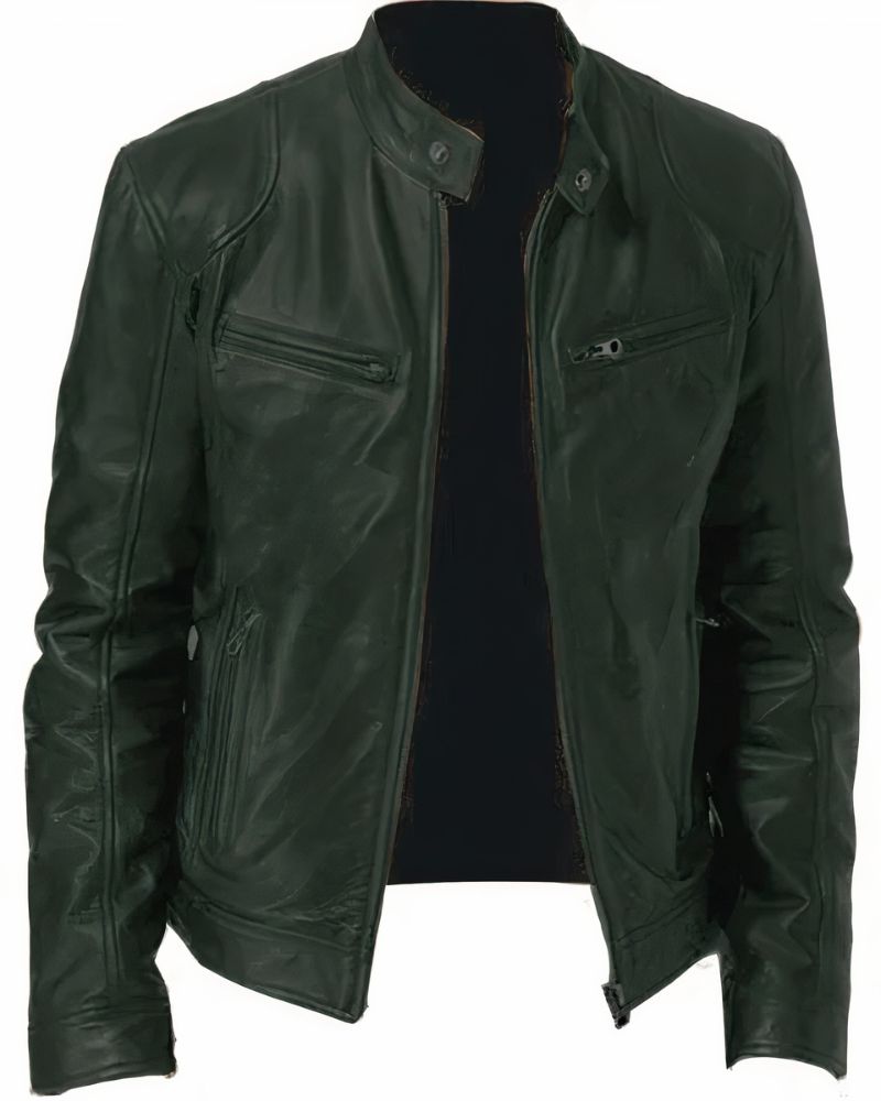Blouson de moto en cuir noir pour homme avec design épuré, idéal pour protection et style lors de la conduite.
