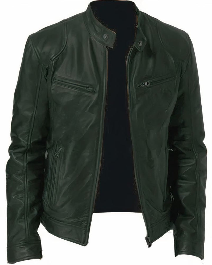 Blouson de moto en cuir noir pour homme avec design épuré, idéal pour protection et style lors de la conduite.