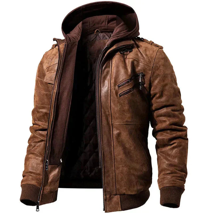 Blouson en cuir marron élégant pour hommes, veste intemporelle pour un style classique et chic.