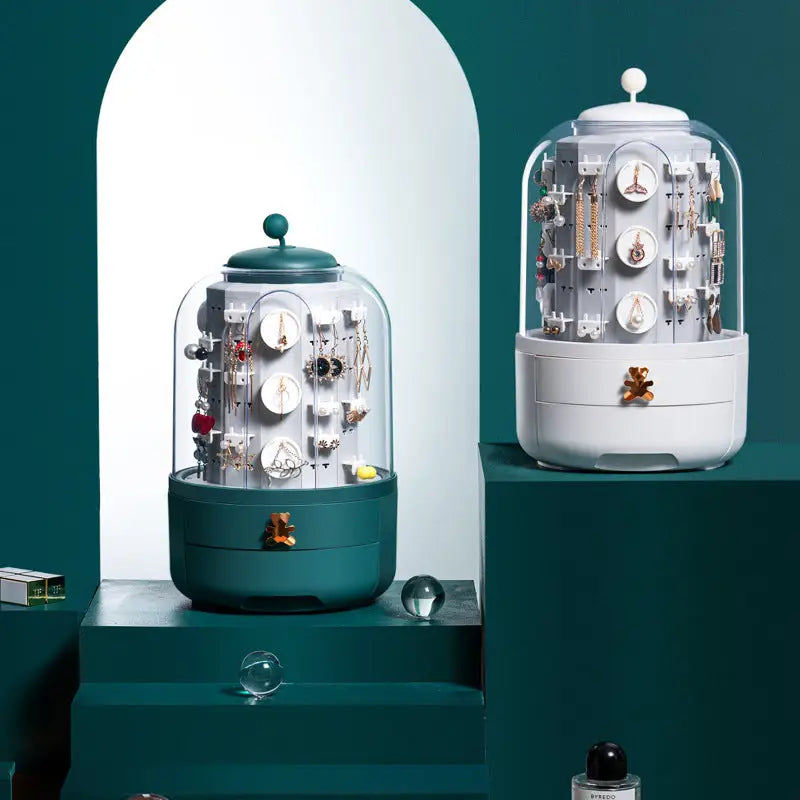 "Boîte à bijoux rotative 360° moderne verte, organiseur multifonction avec tiroirs, en ABS durable, dimensions compactes."