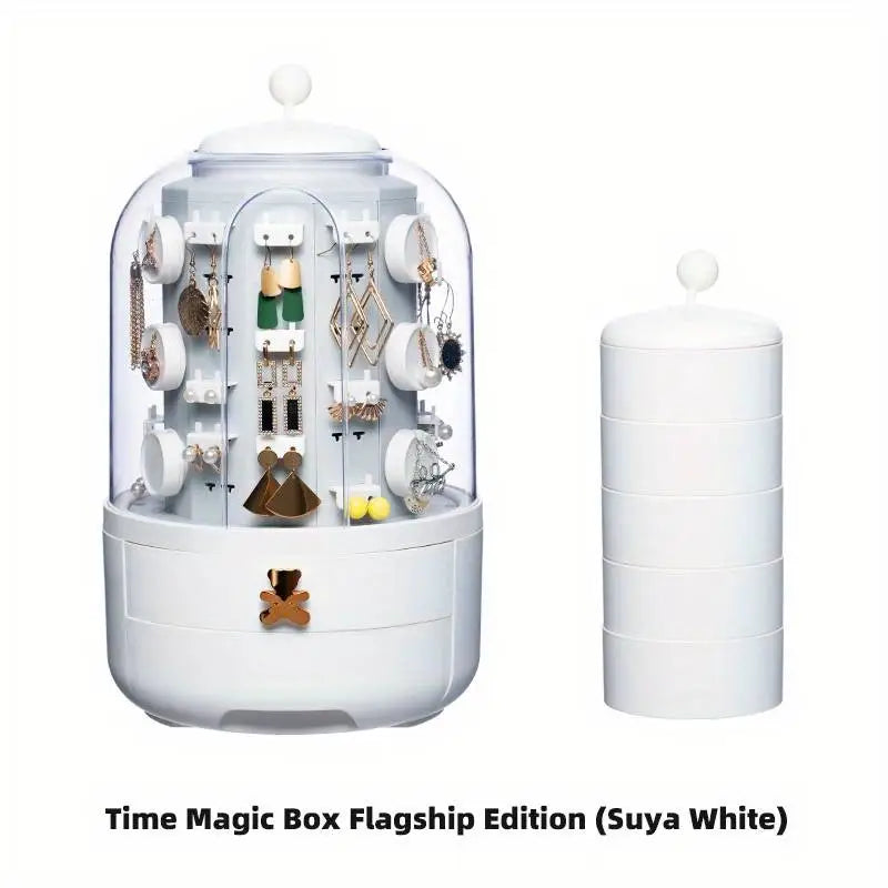 "Boîte à bijoux rotative 360° moderne verte, organiseur multifonction avec tiroirs, en ABS durable, dimensions compactes."