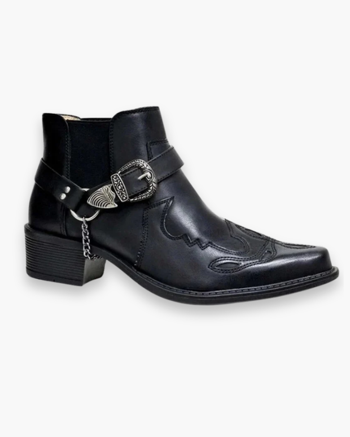 "Bottes cowboy pour homme marron, design western classique, détails soignés, à talon bas, en cuir robuste et élégant."