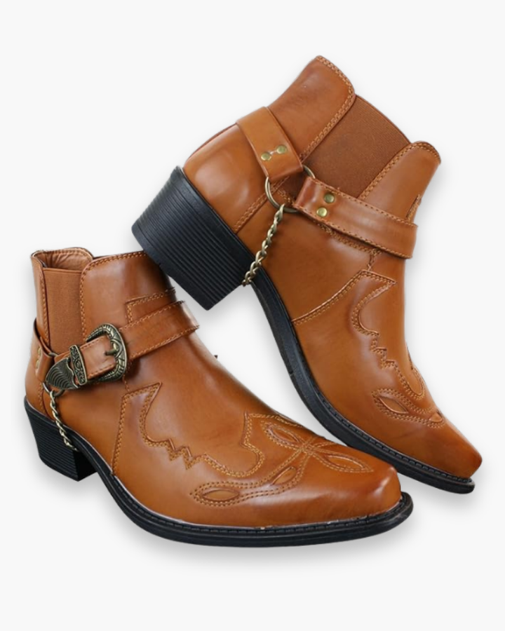 "Bottes cowboy pour homme marron, design western classique, détails soignés, à talon bas, en cuir robuste et élégant."