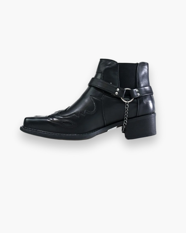 "Bottes cowboy pour homme marron, design western classique, détails soignés, à talon bas, en cuir robuste et élégant."