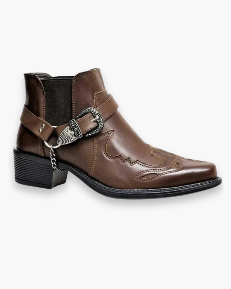"Bottes cowboy pour homme marron, design western classique, détails soignés, à talon bas, en cuir robuste et élégant."