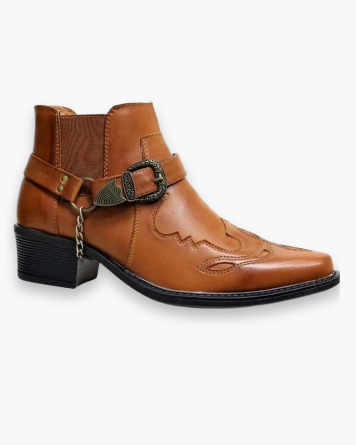 "Bottes cowboy pour homme marron, design western classique, détails soignés, à talon bas, en cuir robuste et élégant."