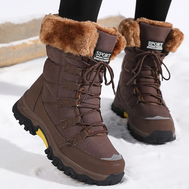 Bottes neige femme Camilla élégantes, doublées, confortables et imperméables pour garder les pieds au chaud.