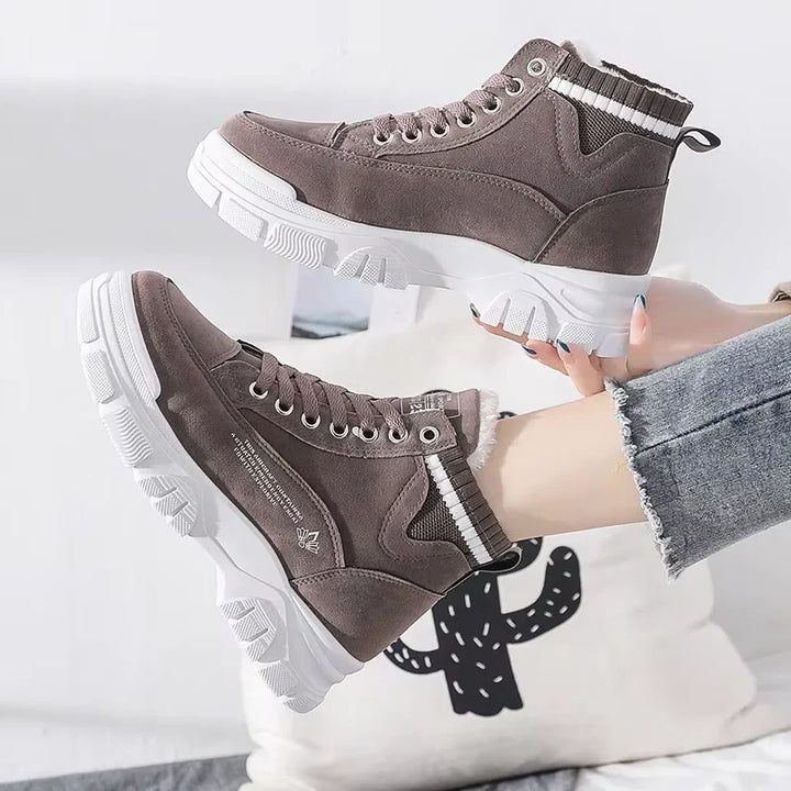 Bottes d'hiver femme élégantes marron, coton chaud et semelles épaisses antidérapantes.
