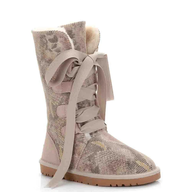 Bottes d'hiver chaudes femme élégantes avec lacets en rubans, idéales pour la neige et le confort.