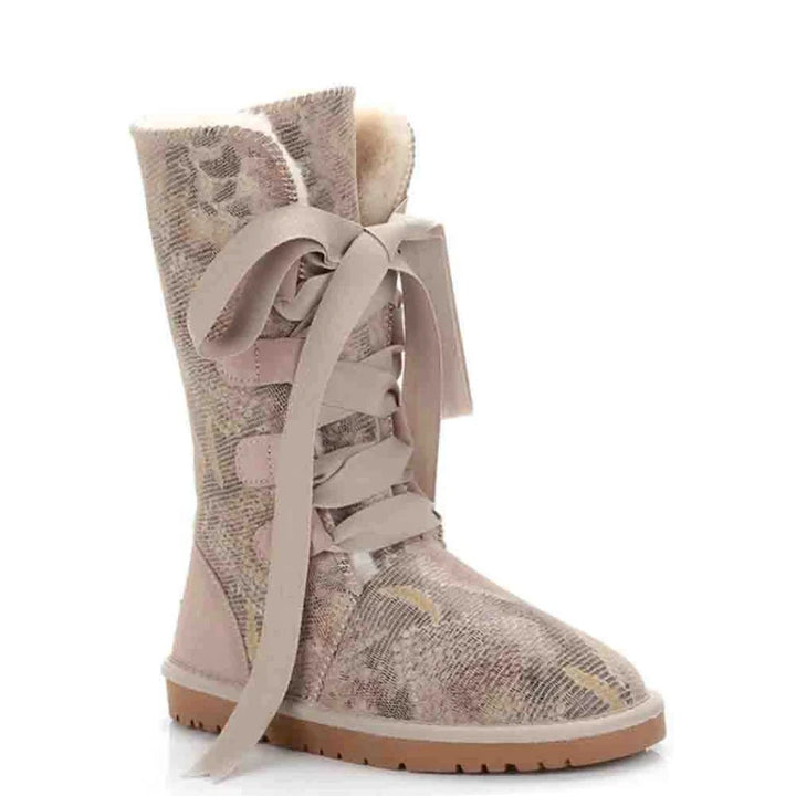 Bottes d'hiver chaudes femme élégantes avec lacets en rubans, idéales pour la neige et le confort.