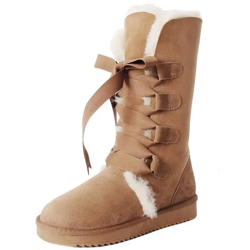 Bottes d'hiver élégantes pour femme avec lacets en rubans, idéales pour la mode et le confort hivernal.