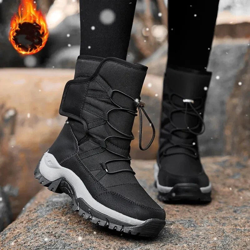 Vue détaillée des bottes d'hiver chaudes et imperméables pour femmes, avec doublure intérieure confortable.