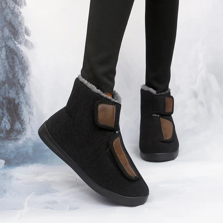 Bottes unisexes hivernales noires pour pieds sensibles. Chaleur, confort et ajustement facile.