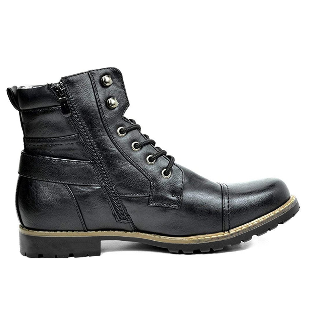 "Bottes de moto en cuir véritable Rhion, durables, élégantes, semelle caoutchouc, protection et confort pour motards."