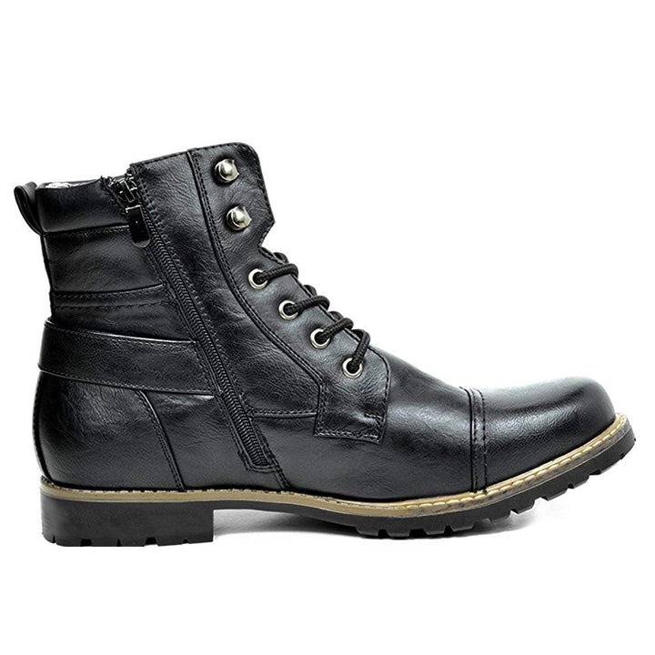 "Bottes de moto en cuir véritable Rhion, durables, élégantes, semelle caoutchouc, protection et confort pour motards."