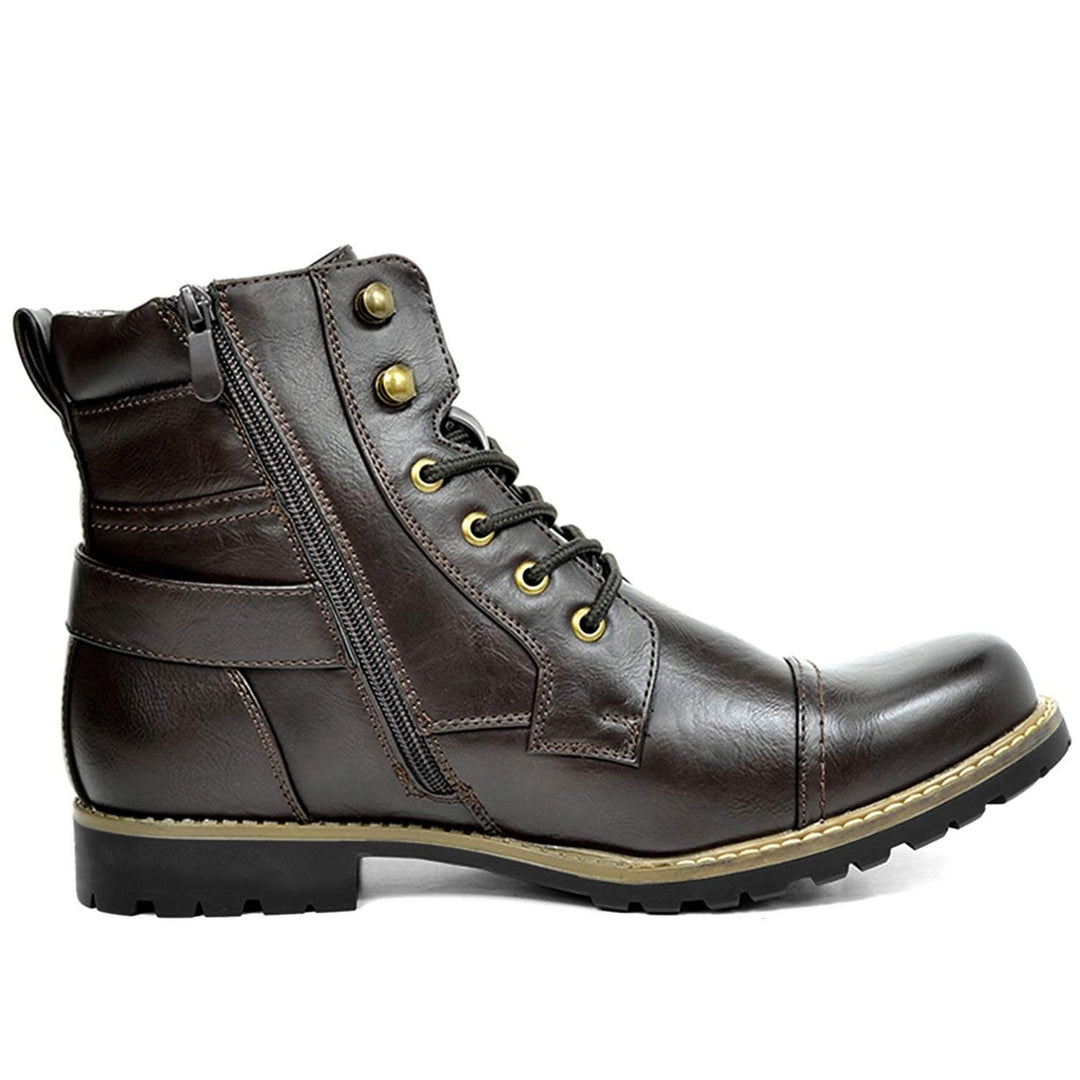"Bottes de moto en cuir véritable Rhion, durables, élégantes, semelle caoutchouc, protection et confort pour motards."