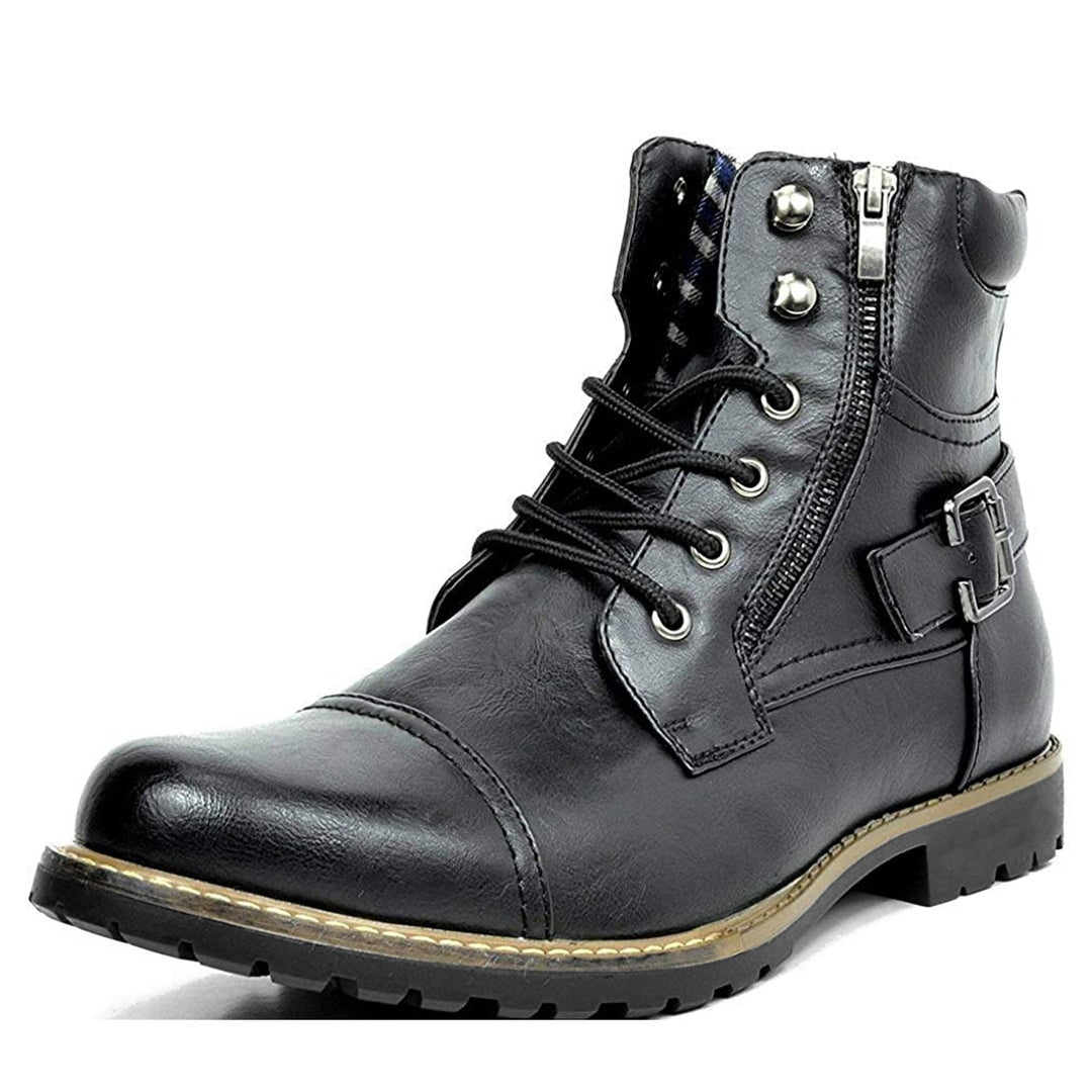 "Bottes de moto en cuir véritable Rhion, durables, élégantes, semelle caoutchouc, protection et confort pour motards."