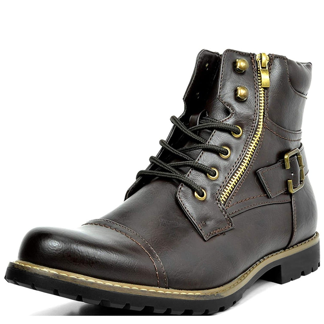 "Bottes de moto en cuir véritable Rhion, durables, élégantes, semelle caoutchouc, protection et confort pour motards."