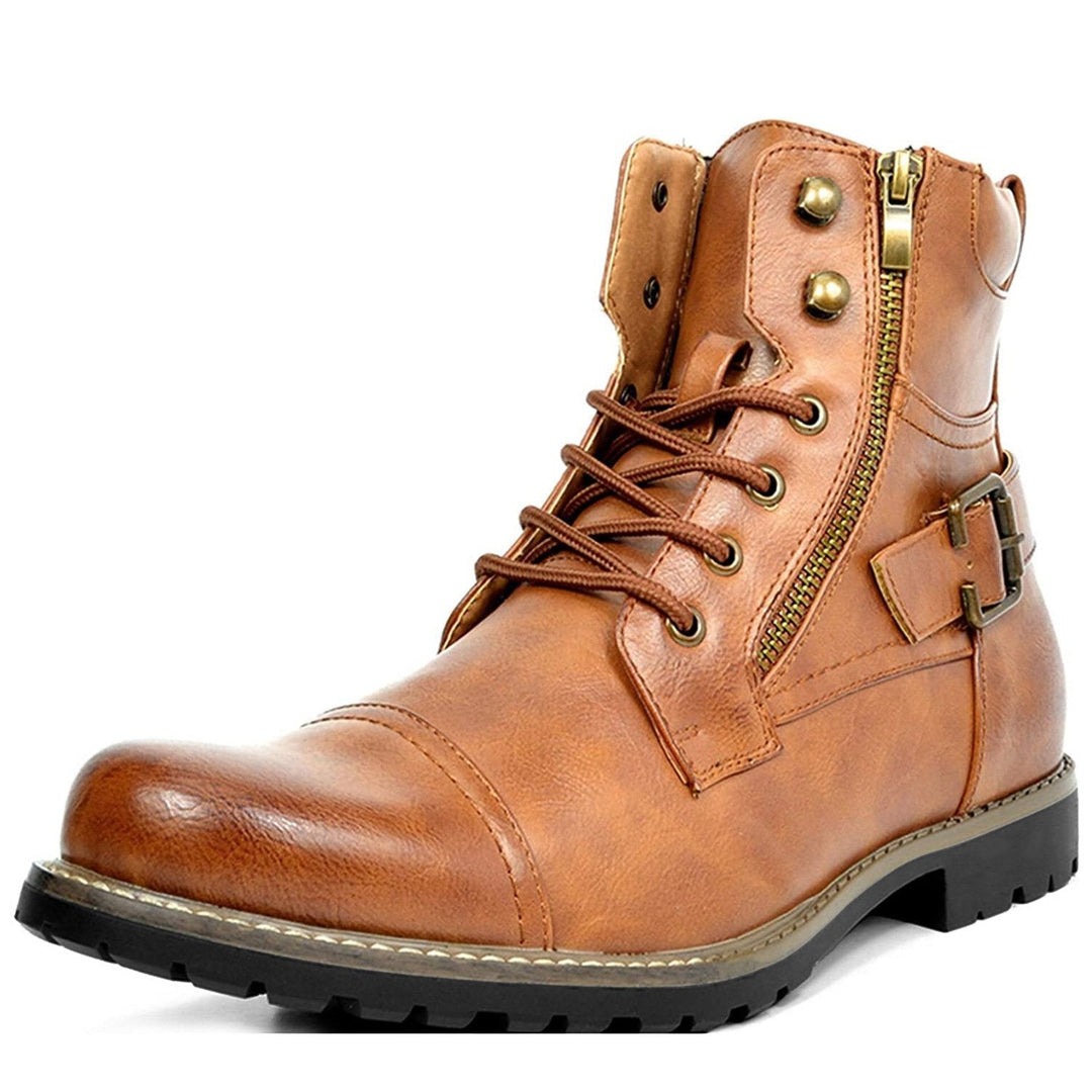 "Bottes de moto en cuir véritable Rhion, durables, élégantes, semelle caoutchouc, protection et confort pour motards."