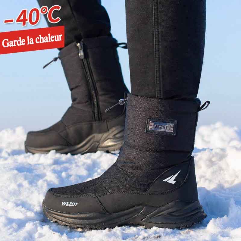 Chaussures d'hiver homme, imperméables et fourrées, pour affronter la neige et le froid en toute sécurité.