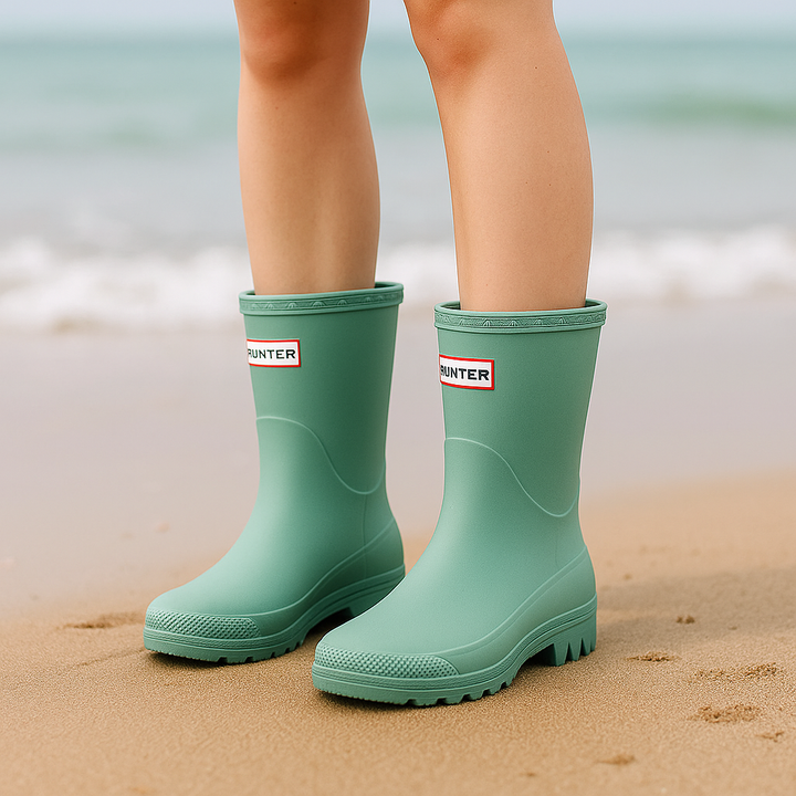 Vue latérale des bottes de pluie femmes mi-mollet, design élégant et pratique pour les jours humides.