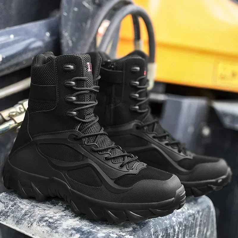 Homme portant des bottes de trekking tactiques robustes. Chaussures légères et respirantes parfaites pour l'extérieur.
