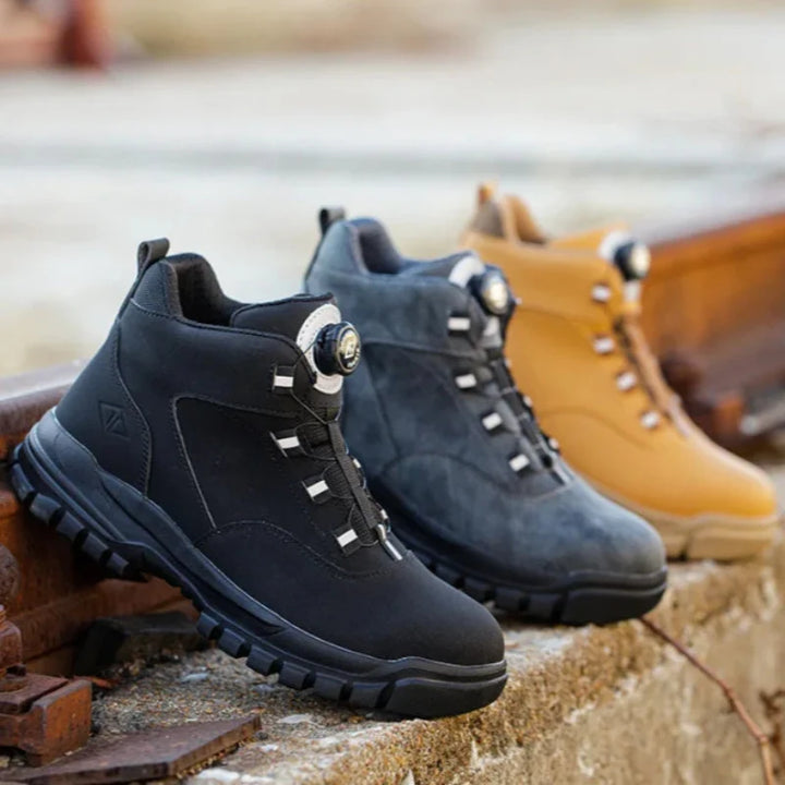 Paire de bottes de sécurité homme/femme, antidérapantes, confortables, avec système de serrage bouton rotatif.