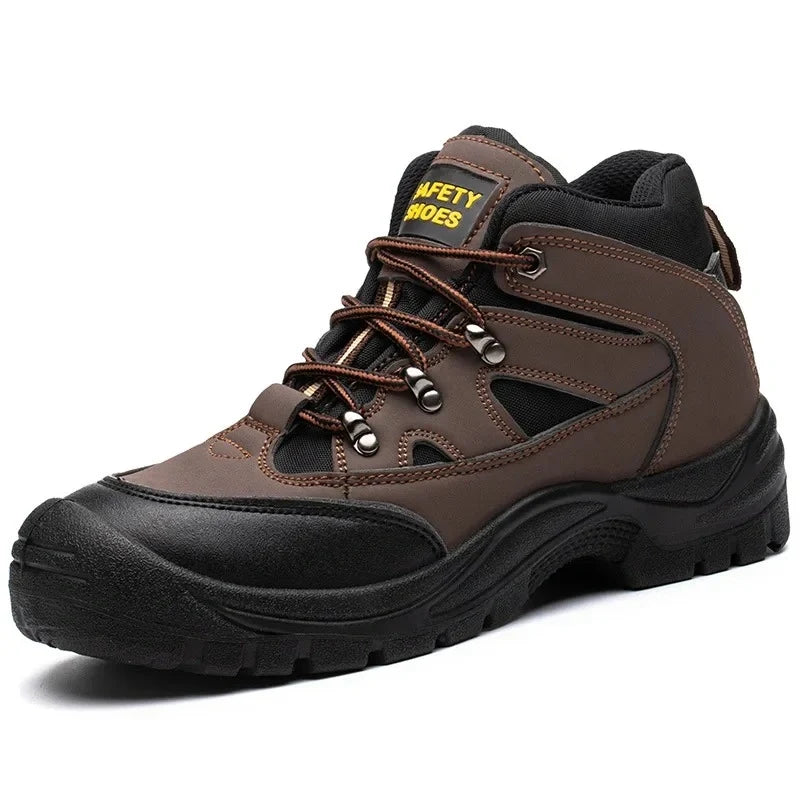Bottes de sécurité légères marron pour hommes avec embout acier et semelle anti-perforation.