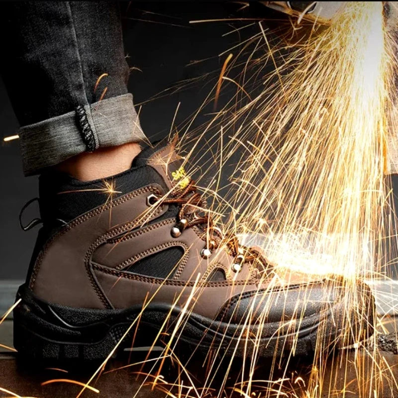Chaussures de sécurité marron pour hommes, avec embout acier et protection anti-perforation pour travail.